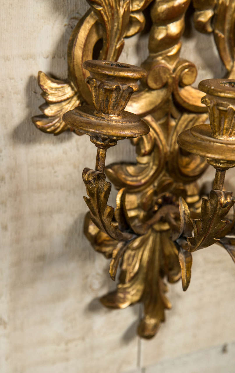 Italian Pair of Five-Arm Giltwood Sconces For Sale