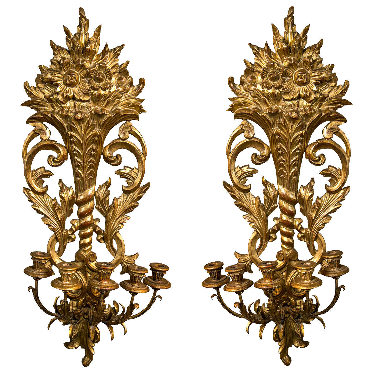 Pair of Five-Arm Giltwood Sconces For Sale