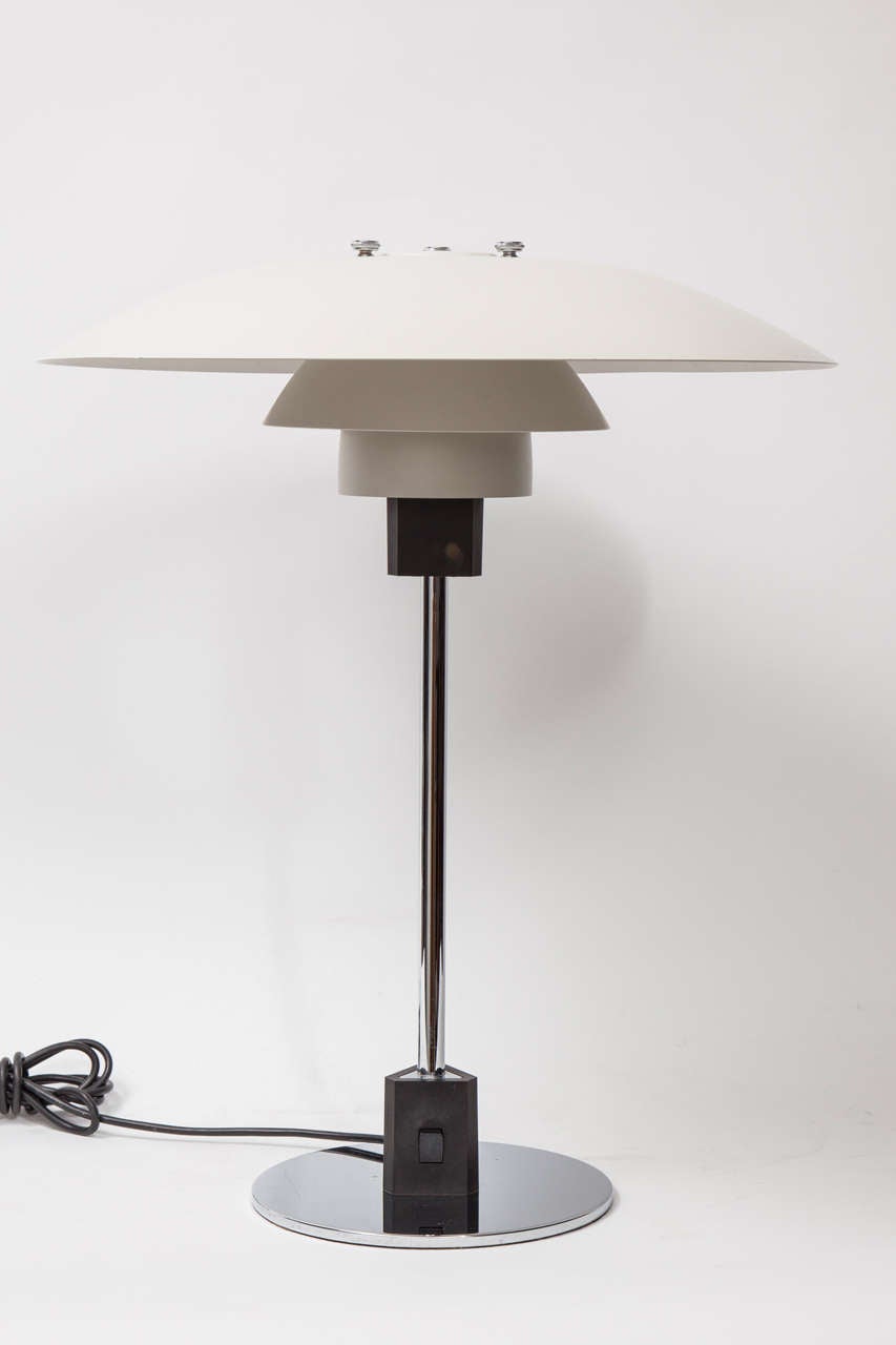 Desk Lamp by Poul Henningsen for Poulsen 
with painted metal Shades and chromed stem and base.
