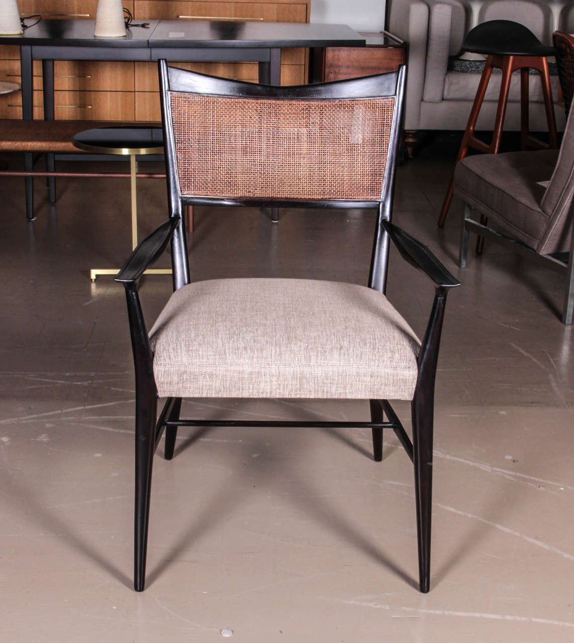 Set of Six Ebonized Paul McCobb Dining Chairs with Caned Backs and Linen Seats In Excellent Condition In New York, NY