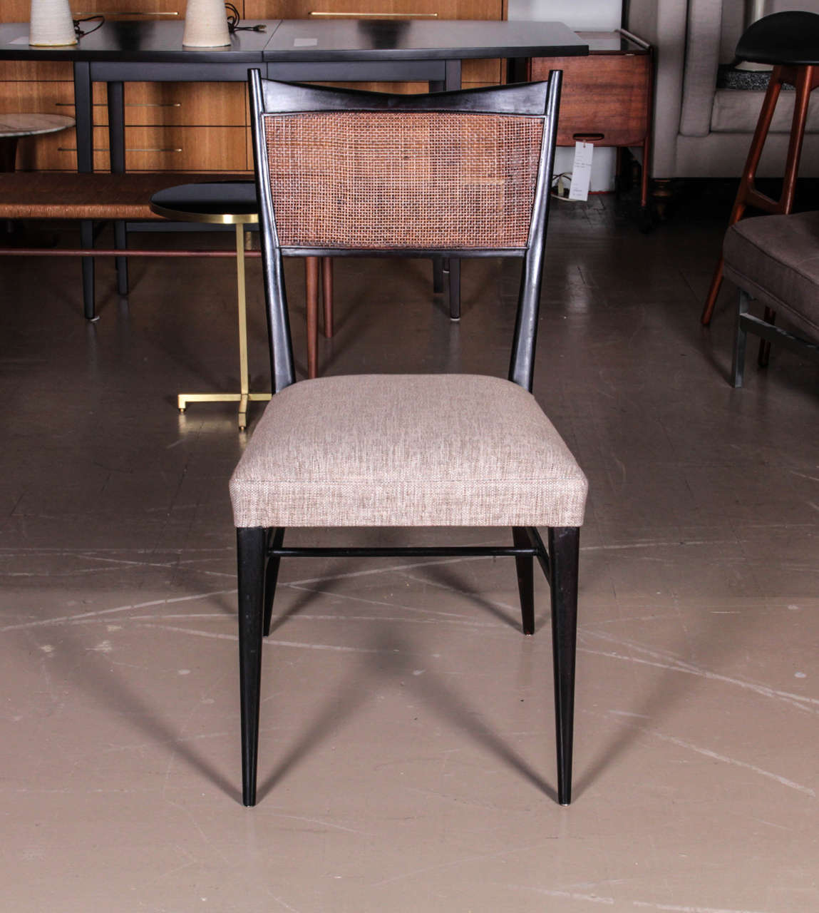 Set of Six Ebonized Paul McCobb Dining Chairs with Caned Backs and Linen Seats 4