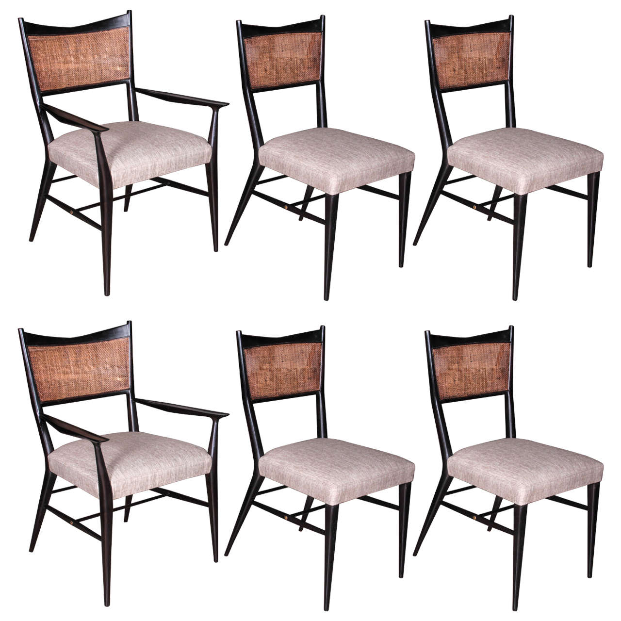 Set of Six Ebonized Paul McCobb Dining Chairs with Caned Backs and Linen Seats