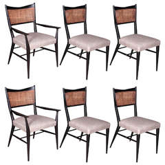 Set of Six Ebonized Paul McCobb Dining Chairs with Caned Backs and Linen Seats