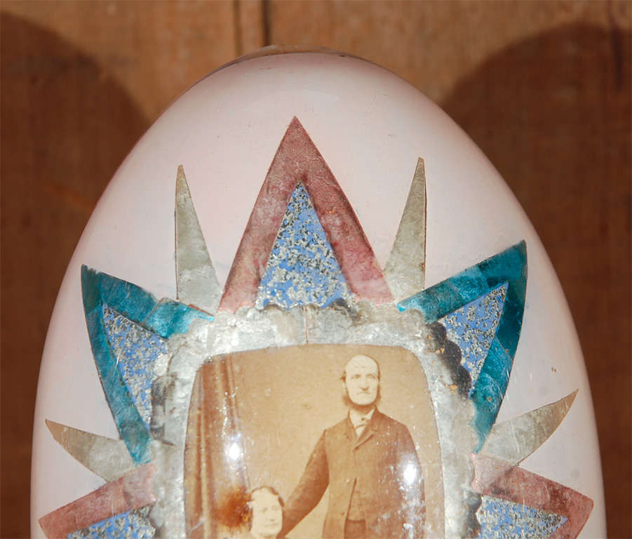 Antique Victorian hand painted eglomise ostrich egg with an  interior applied photograph