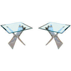 Pair  Glass And  Lucite  Base  End  Tables