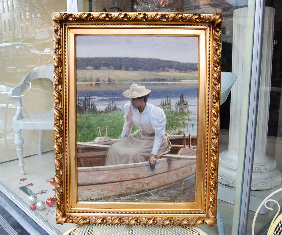 Classic Danish 19th century painting of a lady in summer attire on a lake in a rowboat by Niels Schiottz-Jensen signed and dated 1894. Schiottz-Jensen was born in Copenhagen in 1855, travelled in France and Italy, studied in Paris and exhibited for