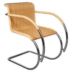Mies Van Der Rohe Style Wicker and Chrome Arm Chair