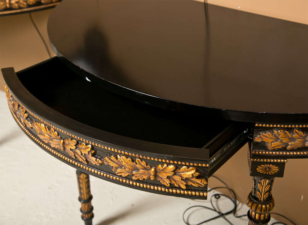 Pair of Custom Quality Ebonized Demilune Console Tables