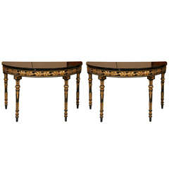 Pair of Custom Quality Ebonized Demilune Console Tables