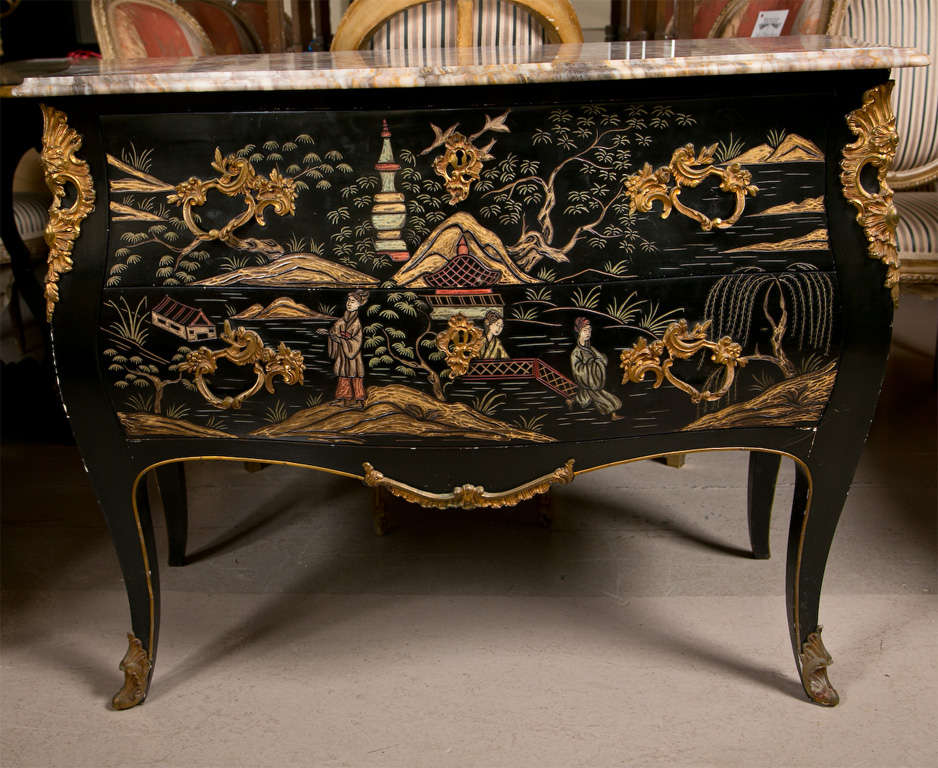 French Chinoiserie Style Bombe Chest Commode