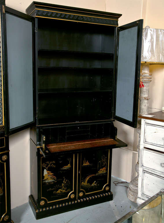 English Pair of Chinoiserie Style Ebonized Secretary Bookcases