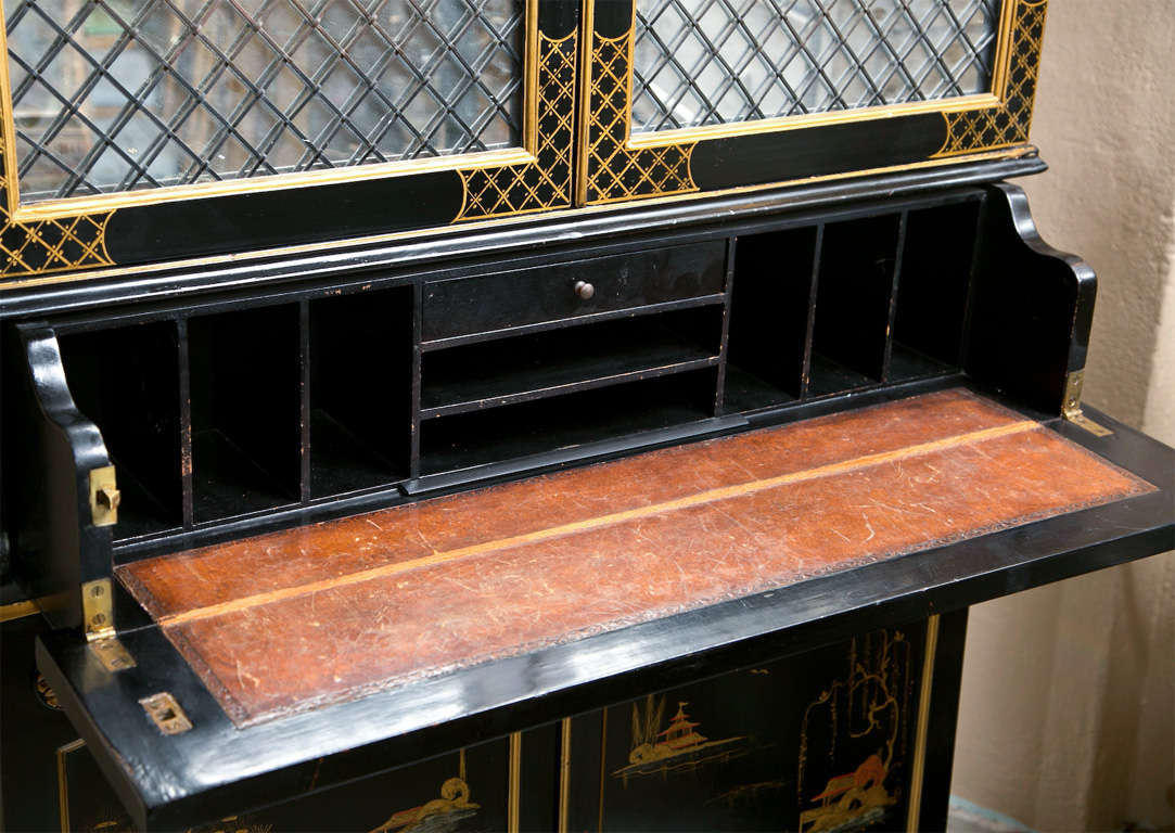 Wood Pair of Chinoiserie Style Ebonized Secretary Bookcases