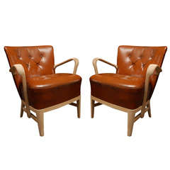 Pair of French Bleached Oak and Leather Armchairs, Circa 1950