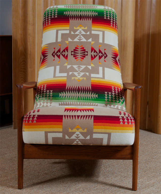 Danish teak rocking lounge chair upholstered in a vintage Pendelton Navajo print blanket. Completely restored.
