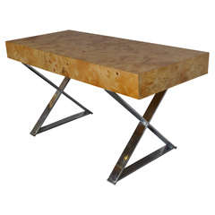 Milo Baughman Olive Burl Wood And Chrome X Base Desk