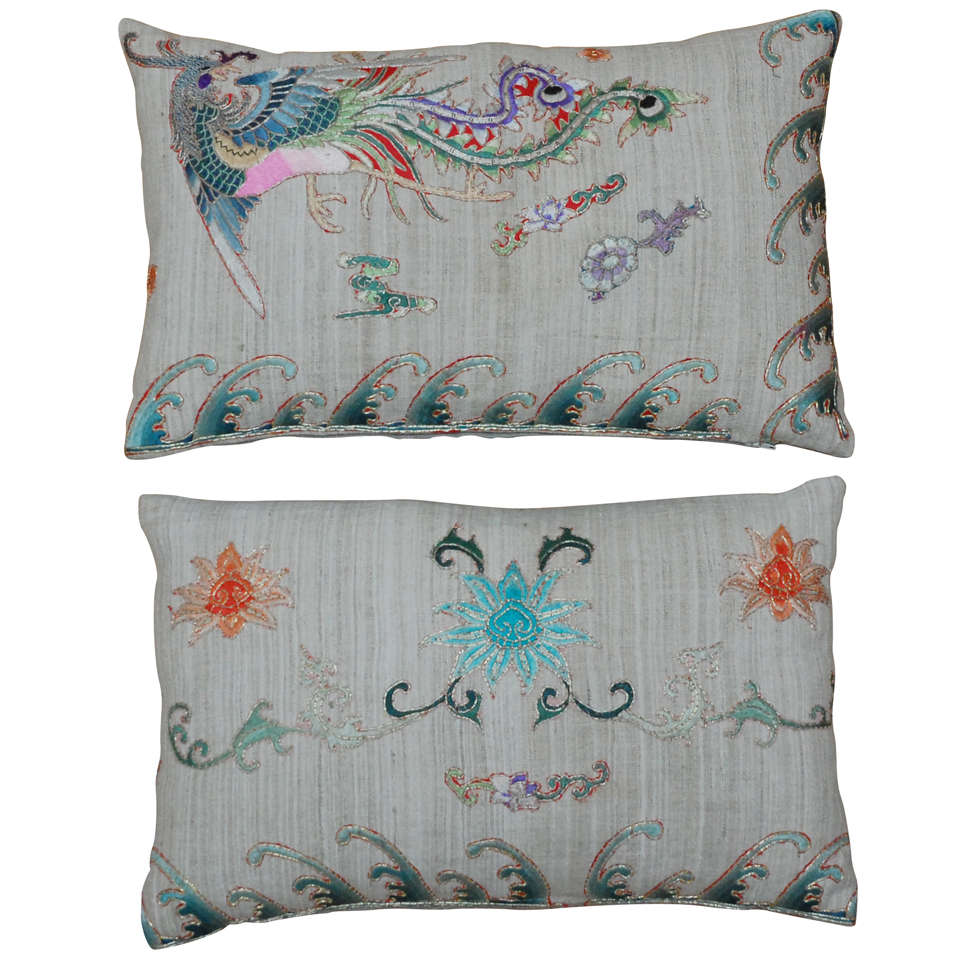 Chinese Embroidery Linen Pillows at 1stdibs