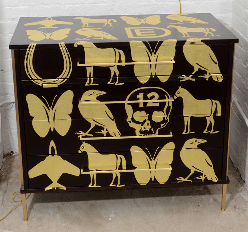 Limited edition ebonized walnut dresser by reGeneration with hand applied gold leaf pattern by pop artist, Dylan Egon. 1 of 5. Legs are made of solid brass.