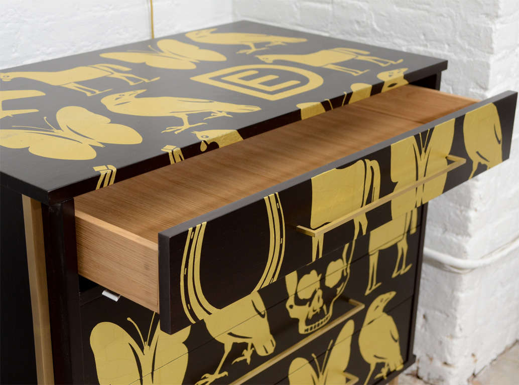 Contemporary Ebonized Walnut Chest with Hand Applied DE Gold Leaf Pattern