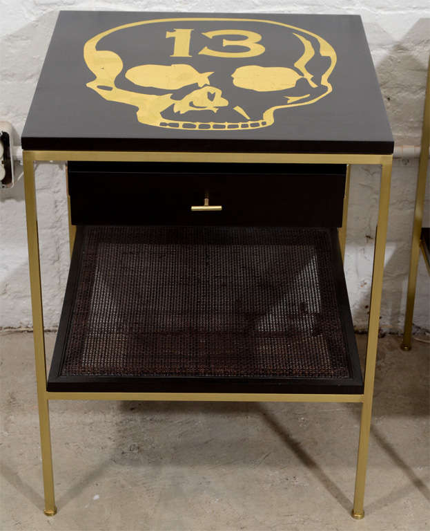 Ebonized Bedside Tables with Brass Frame and DE Gold Leaf Images For Sale 3