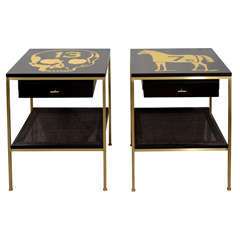 Ebonized Bedside Tables with Brass Frame and DE Gold Leaf Images 7