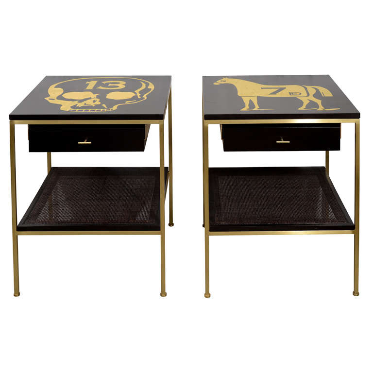 Ebonized Bedside Tables with Brass Frame and DE Gold Leaf Images For Sale