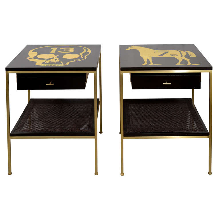 Ebonized Bedside Tables with Brass Frame and DE Gold Leaf Images For