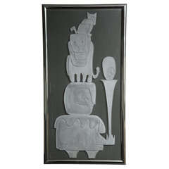 1970s Framed Etched Glass Panel Signed WP Katz 12