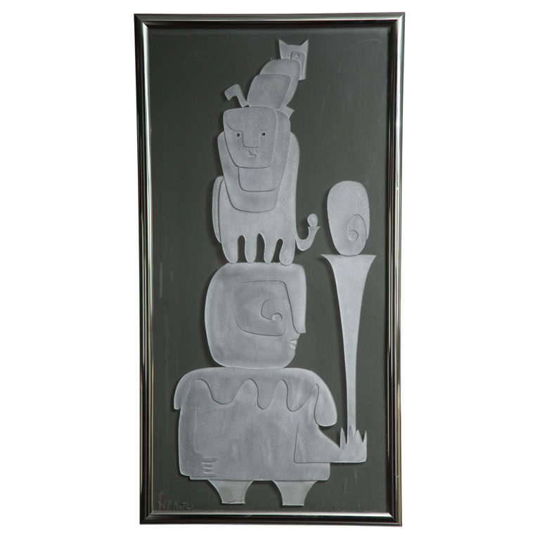 \Signed WP Katz etched glass panel titled "Balancing Act" 1970's For Sale