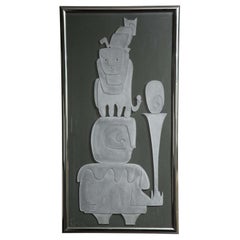 \Signed WP Katz etched glass panel titled "Balancing Act" 1970's