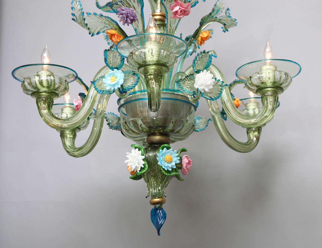 A Six Light Italian Murano Glass Chandelier In Excellent Condition In New York, NY