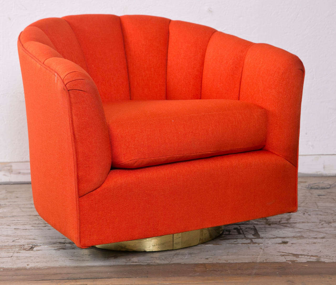 Mid Century swivel chairs designed in the style of Milo Baughman-
Completely restored in orange  cotton  fabric