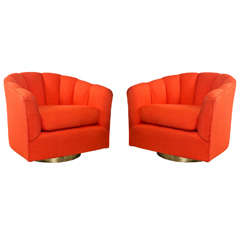 Channel Back Swivel Chairs Withh Brass Base