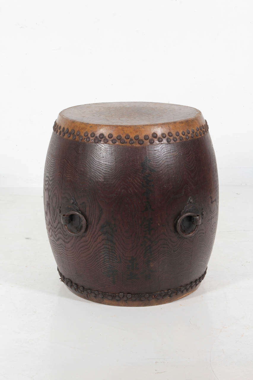 CHINESE HILLTRIBE / DONG OR MIAO PEOPLE Southern China

Drum table mid 20th Century

Exotic wood with vellum drum top and button, decorative iron ring 
mounts and patinated brass decorative nails. 

H: 22 ½ x Dia top: 18” x Body Dia: 20”