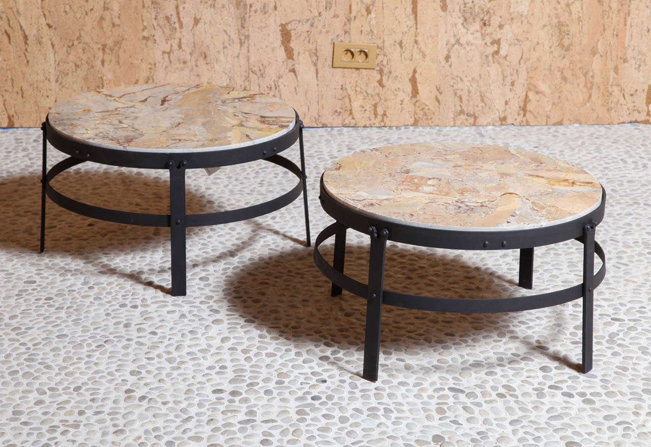 Pair of Wrought Iron and Marble Coffee Tables