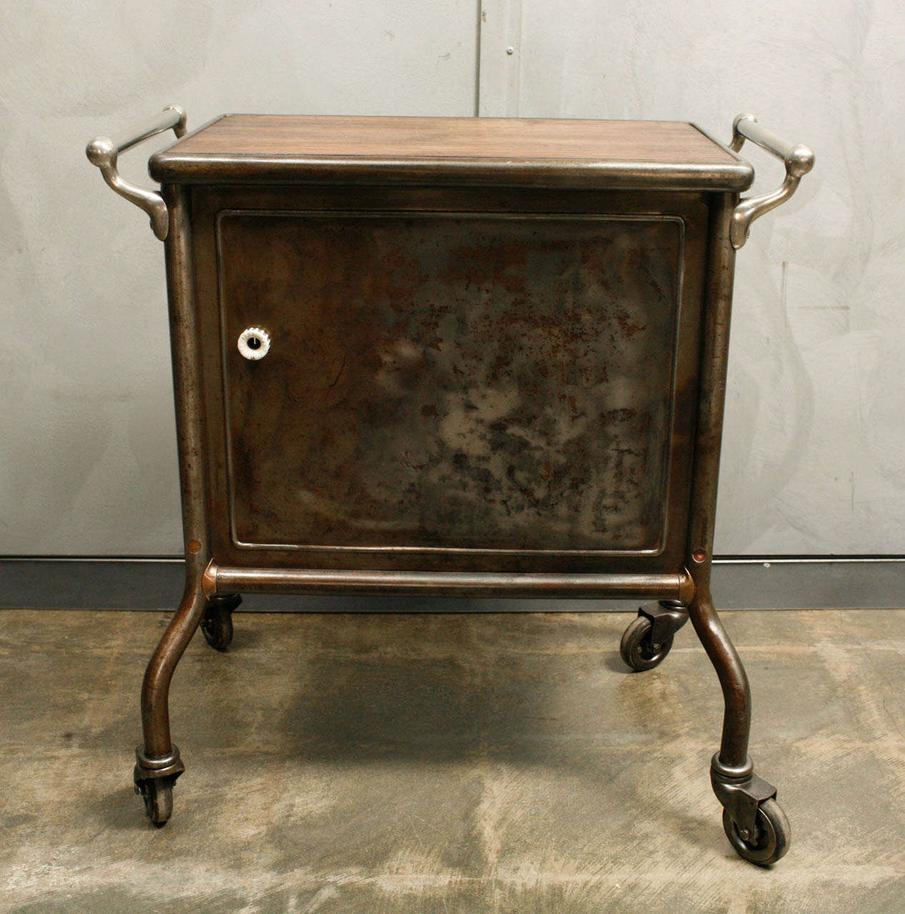 20th Century Industrial Metal Cabinet On Wheels With Wood Top