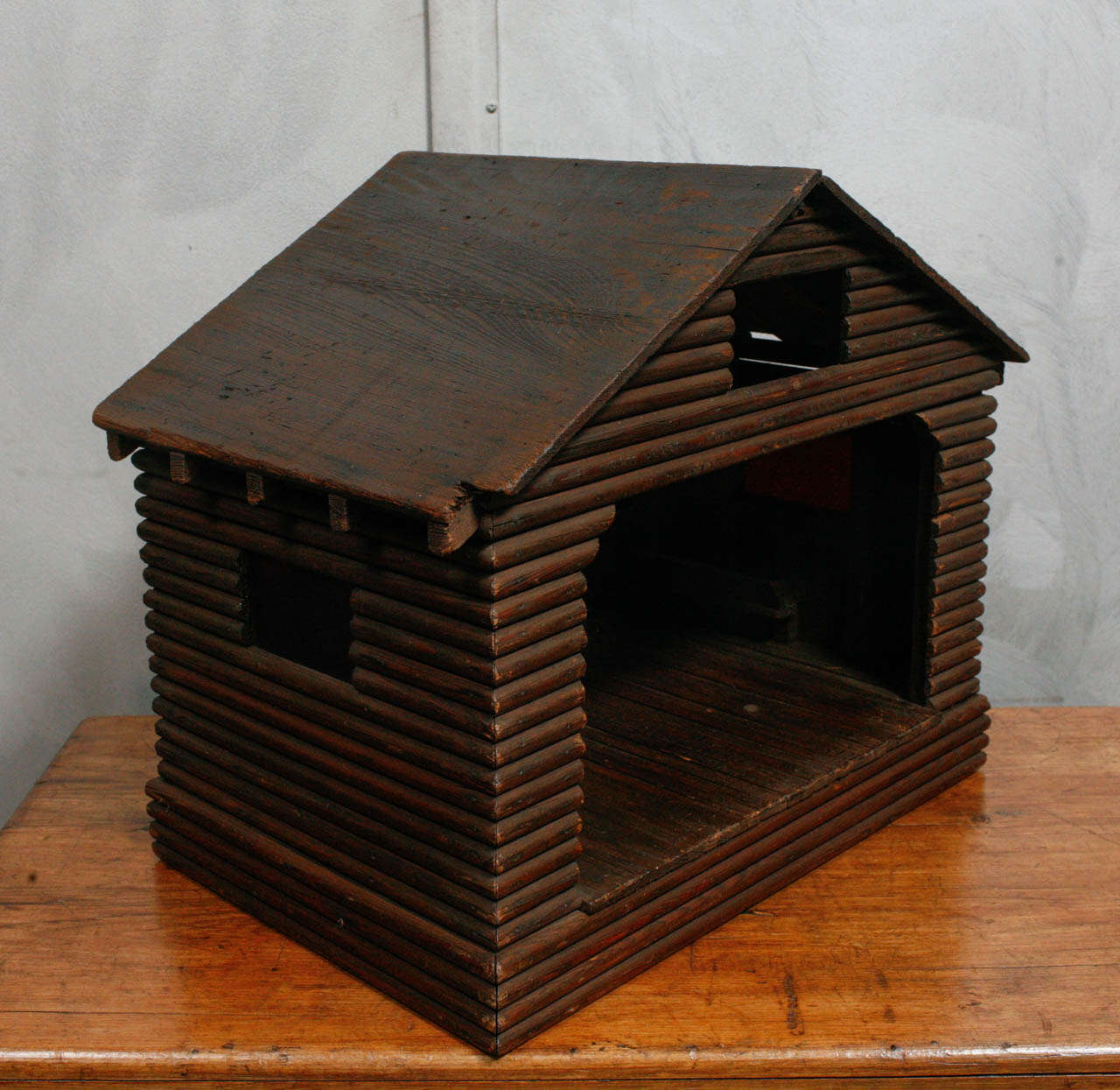 Wood American Folk Art Barn/ Horse Stable Model For Sale