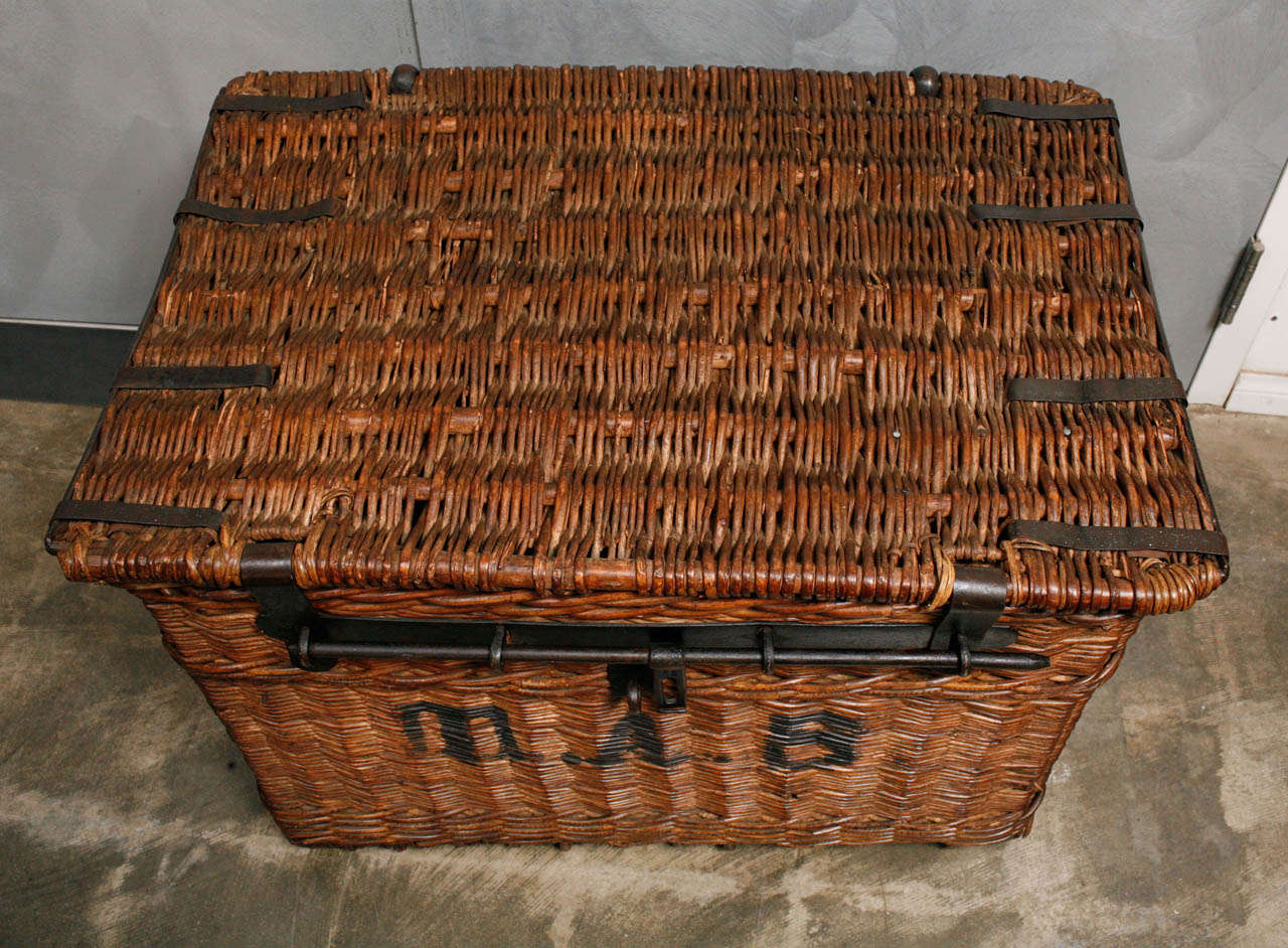 Industrial Wicker Trunk with Iron Fittings, Hinges & Lock