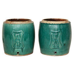 Antique Pair of 19th Century Chinese Turquoise Glazed Jardineres / Planters