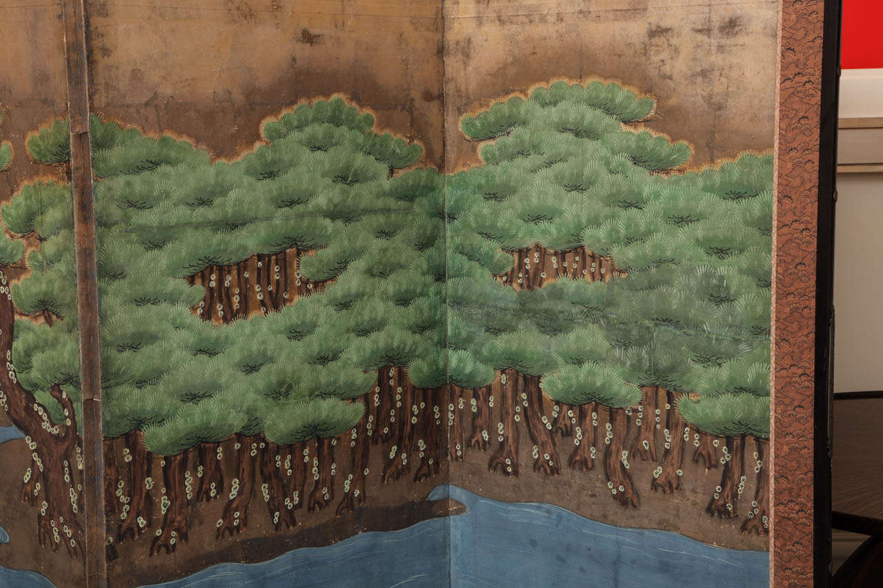 Hand-Painted Edo Period (1603-1868) Hammamatsu Japanese Six-Fold Standing Screen