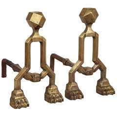 French Art Deco Pair of Bronze and Wrought Iron Andirons