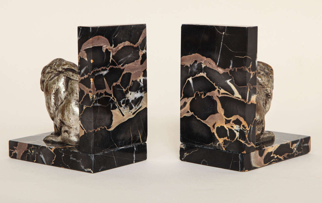 Art Deco Pair of Silvered Bronze and Portor Marble Bookends 4