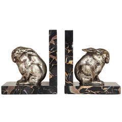Art Deco Pair of Silvered Bronze and Portor Marble Bookends