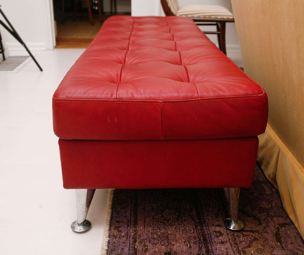 Modern Vintage Red Leather Tufted Bench