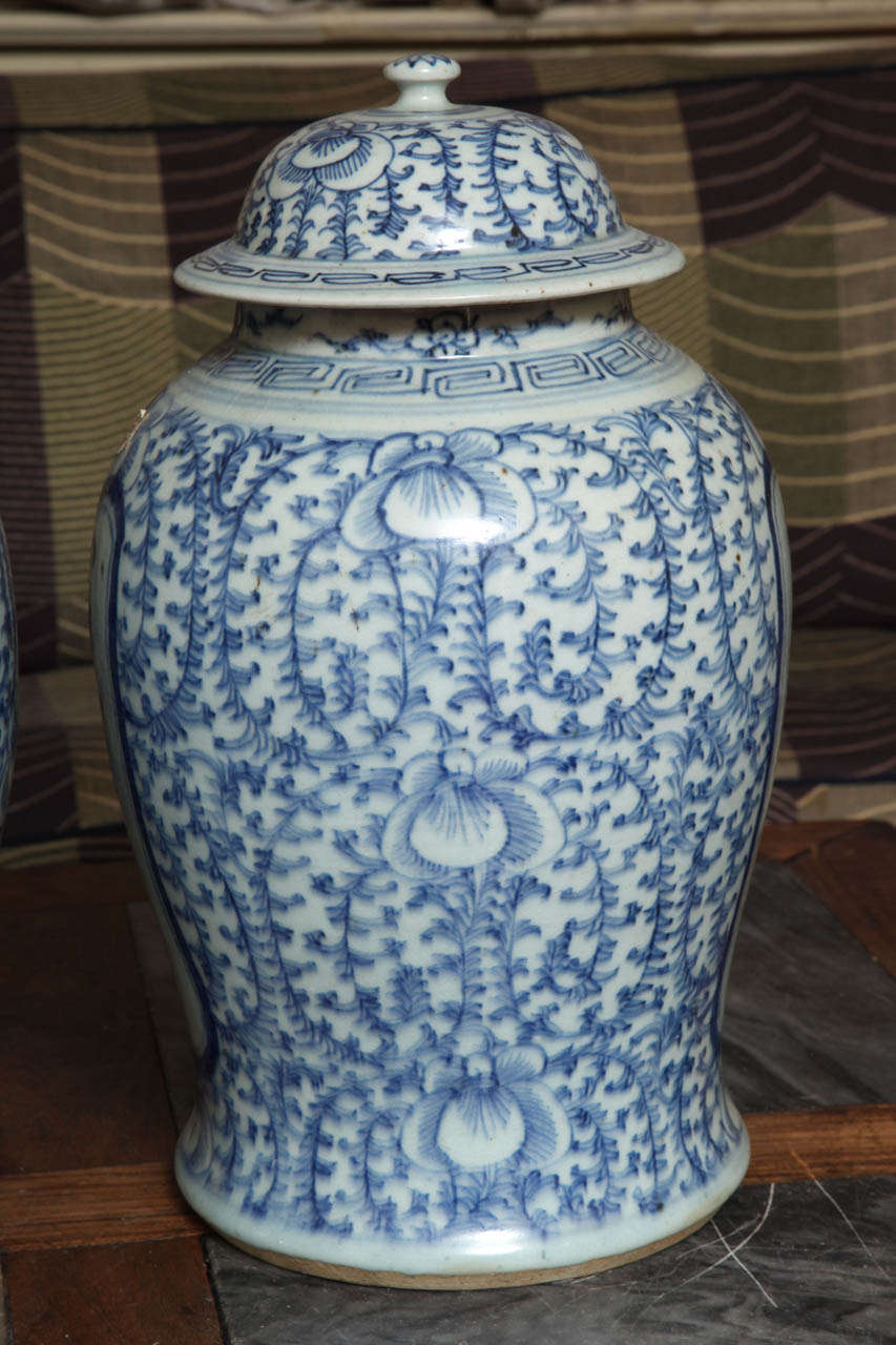 Porcelain Rare pair of Chinese export blue and white temple jars For Sale
