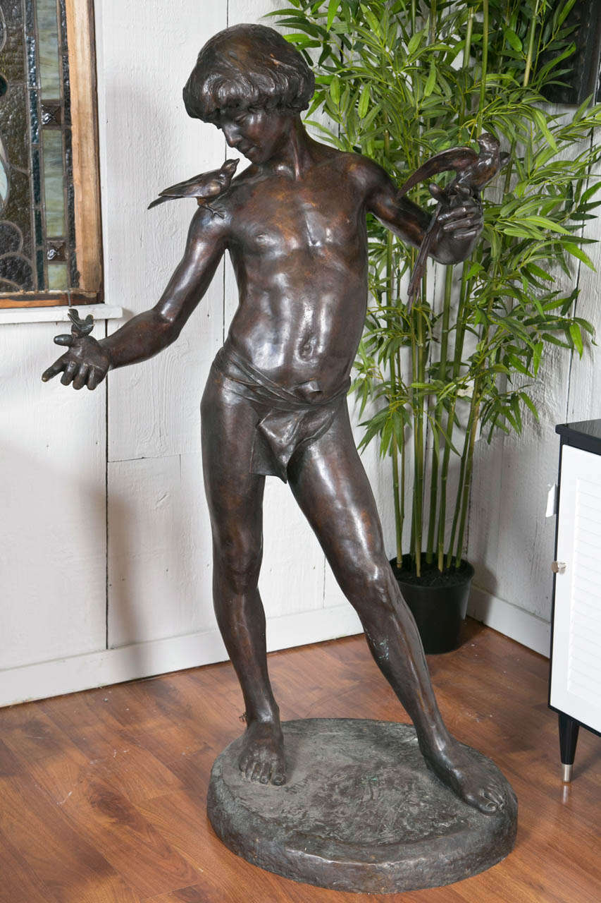 Large Standing Bronze Boy with Birds 2