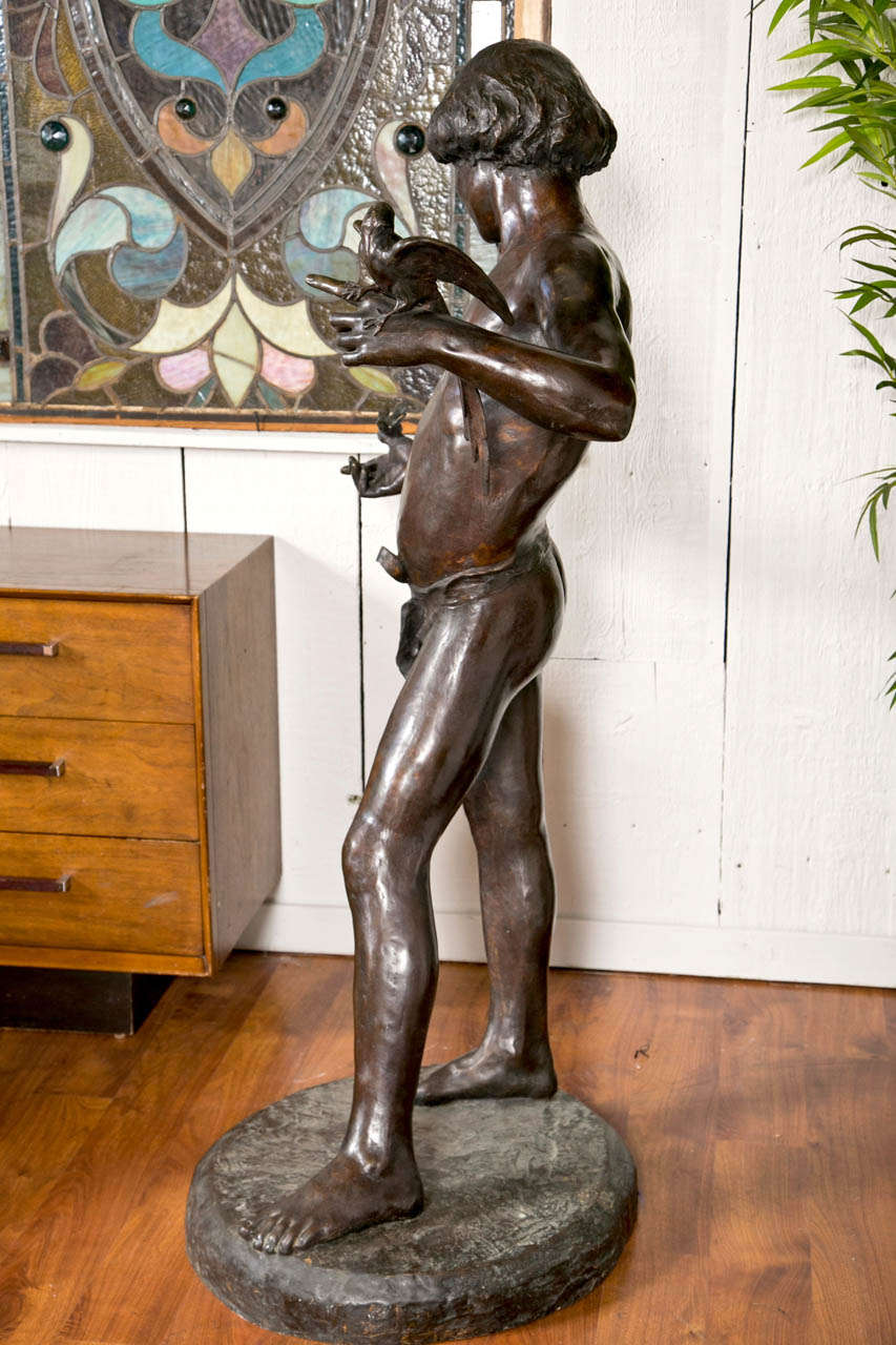 Late 20th Century Large Standing Bronze Boy with Birds