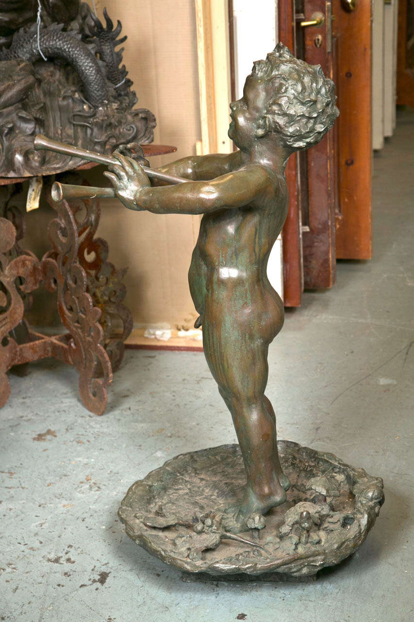 Signed Antique Nude Statue - Bronze Boy With Flutes In Good Condition In Stamford, CT