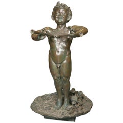 Signed Antique Nude Statue - Bronze Boy With Flutes