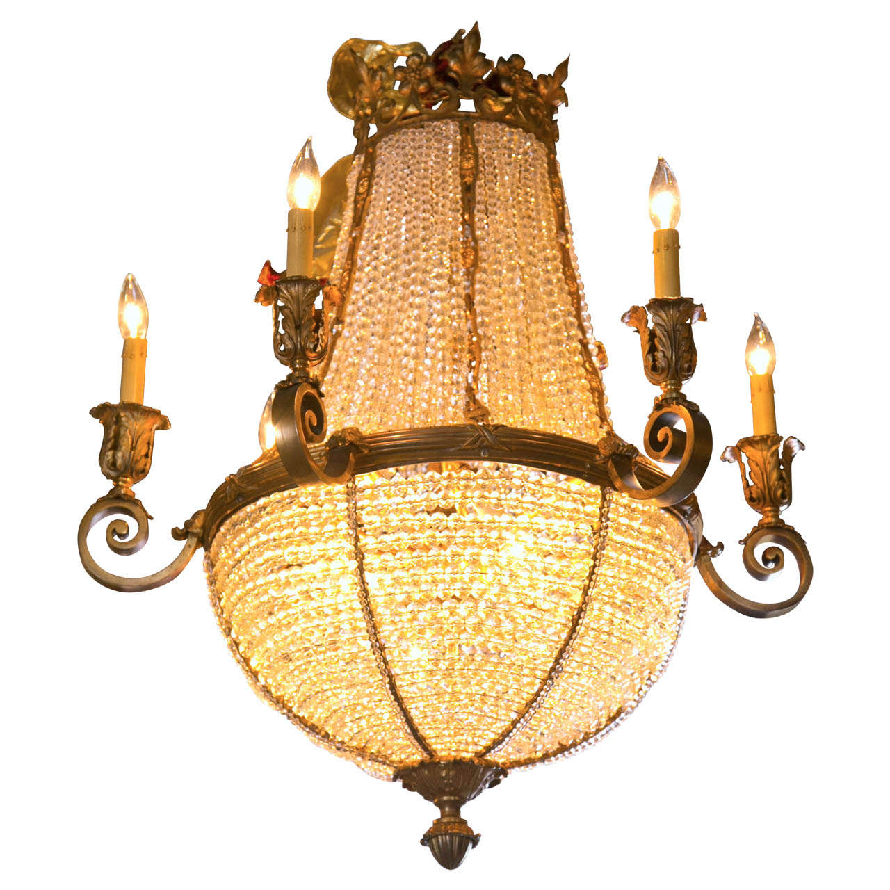 Antique Bronze French Crystal Beaded Basket Chandelier For Sale