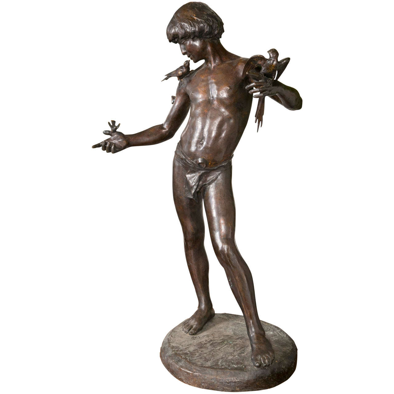 Large Standing Bronze Boy with Birds at 1stDibs boy statues, boy with